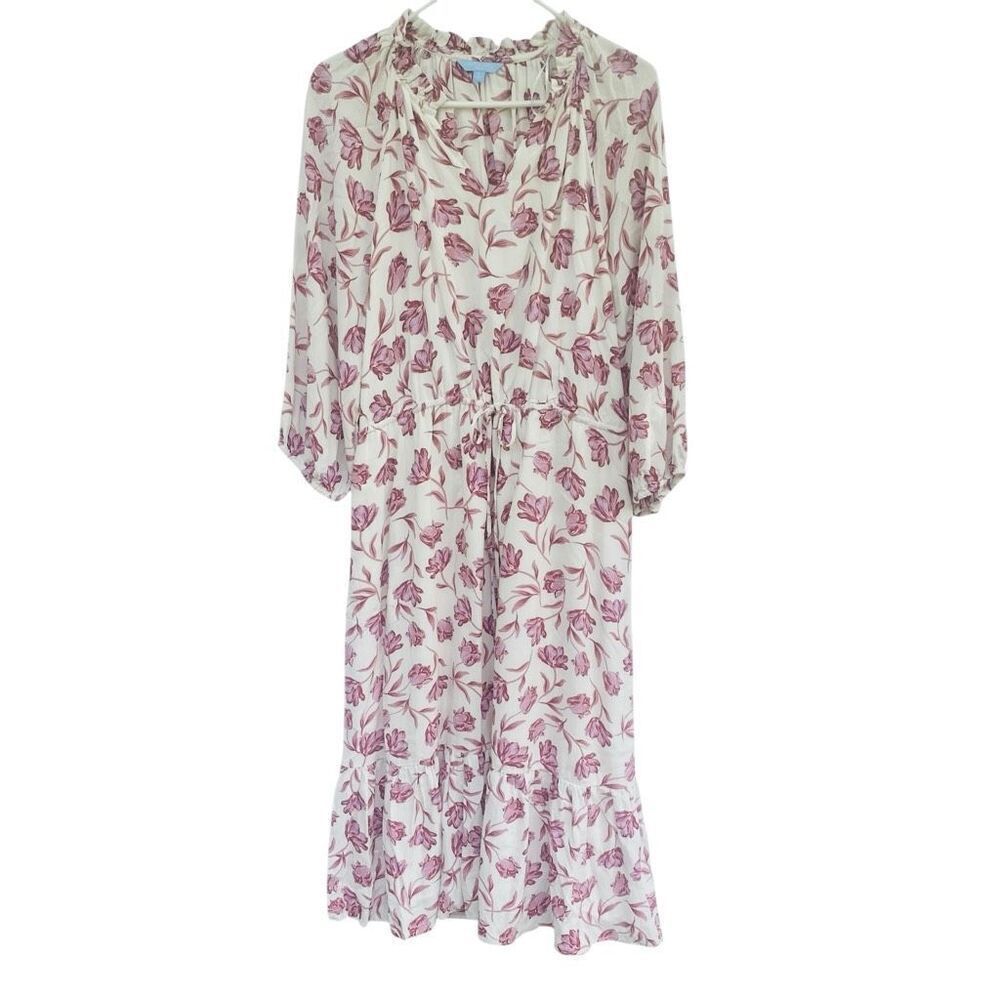 Draper James RSVP Floral Midi Dress Size L White Pink Ruffle Hem Boho Feminine R